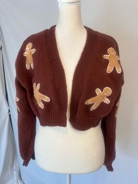 WAY TOO CUTE TO BE UGLY Women’s Cropped Brown Cardigan w/ Gingerbread Appliqués